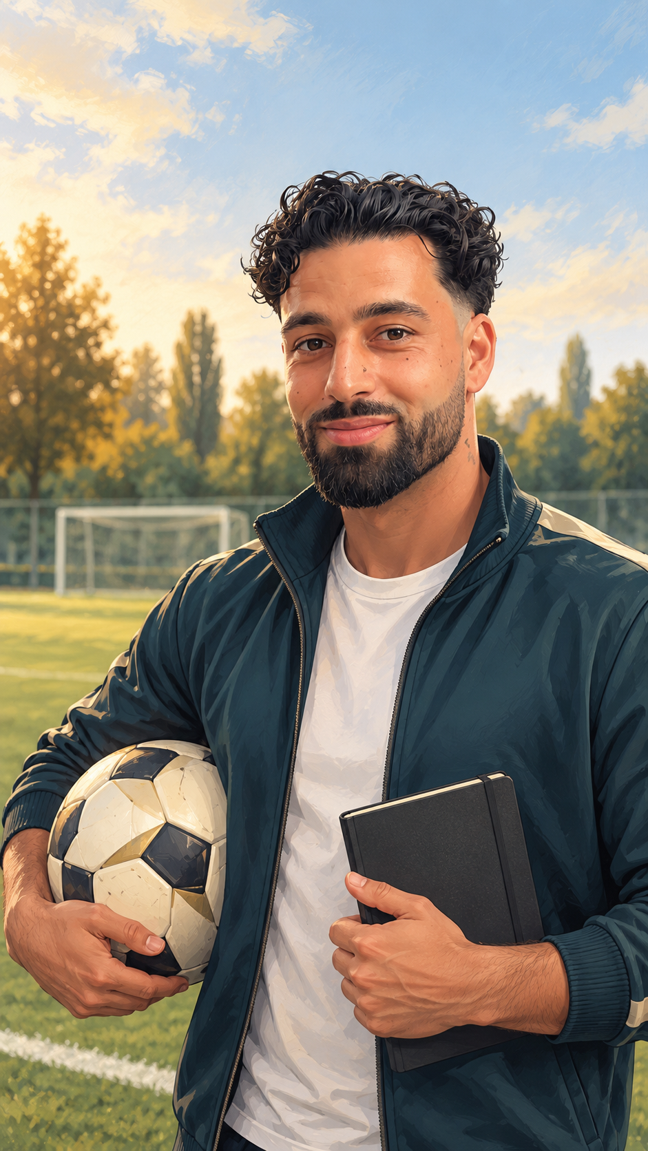 Illustrierte Darstellung von Savian mit Fußball und Coaching-Notizbuch